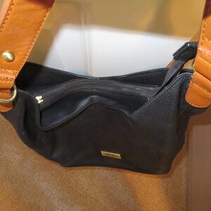 Anna Nova Shoulder Purse Faux Leather, Black Body with Brown Strap and Zipper.